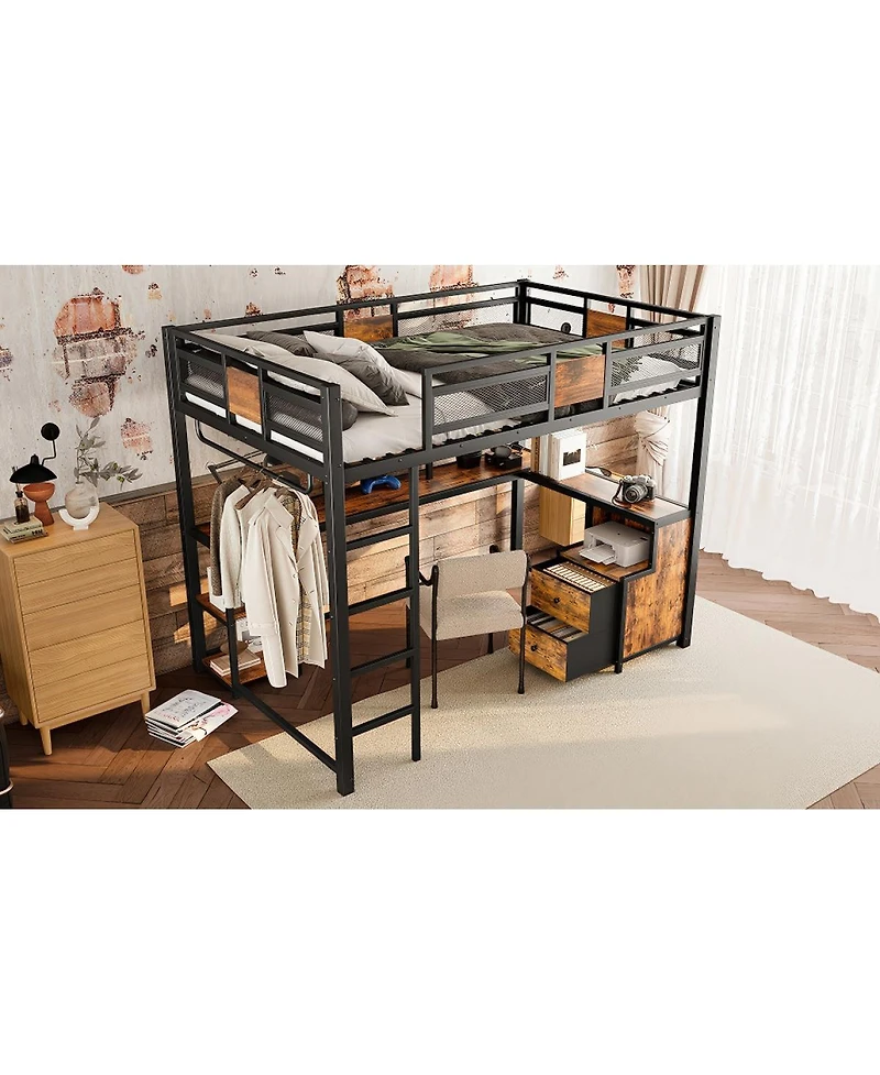 Streamdale Furniture Metal Frame Full Loft Bed with Desk and Storage, No Spring Box Needed