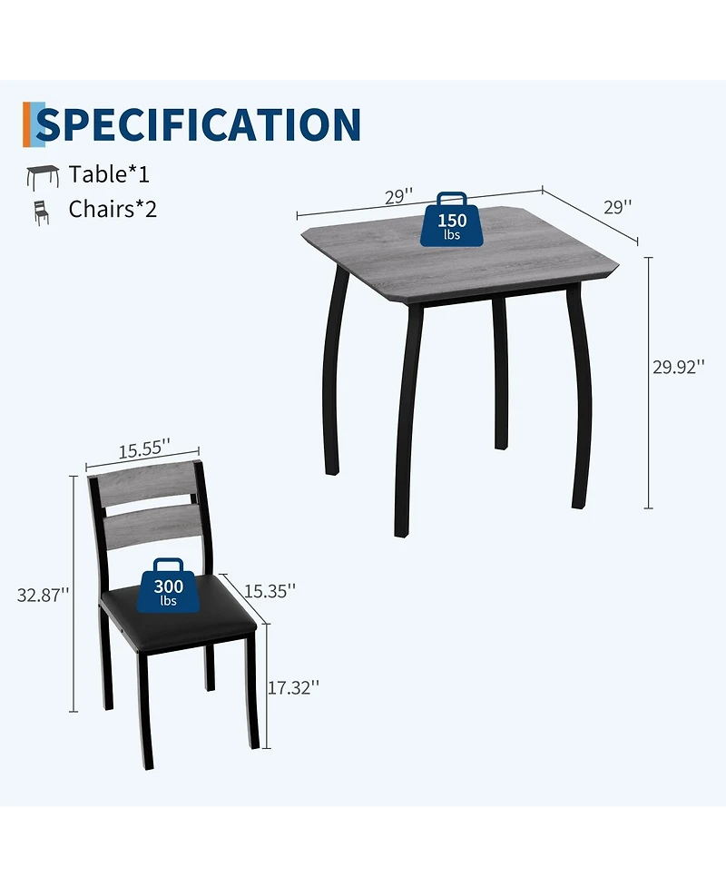 gaomon 3 Piece Dining Table Set for 2, Small Kitchen with 2 Upholstered Chairs and Metal Frame & Wood Tabletop
