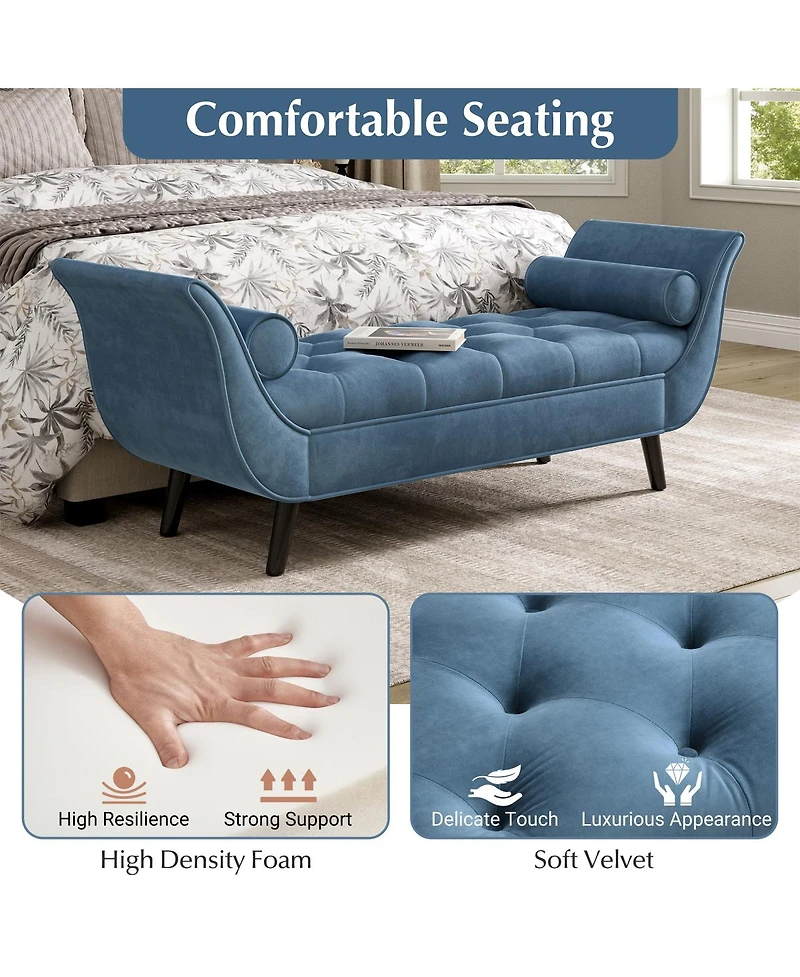 Streamdale Furniture Upholstered Velvet Bench with 2 Pillows and Rolled Arms