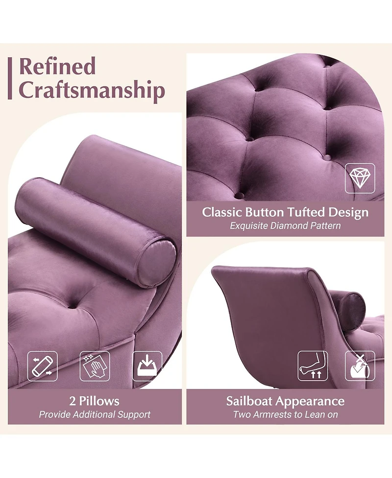 Streamdale Furniture Upholstered Velvet Tufted Ottoman Bench with Rolled Arms and 2 Pillows