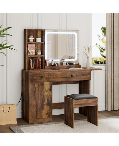 gaomon Wood Makeup Vanity Desk with Lighted Mirror, Drawer, Power Outlet & Storage Chair – 3 Shelf Vanity Table Set