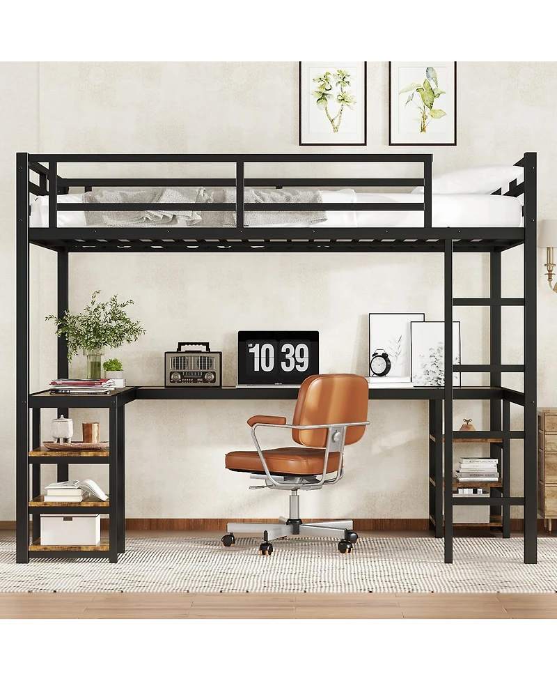 Streamdale Furniture Twin Xl Metal Loft Bed with Desk, Shelves, Ladder & Guardrails