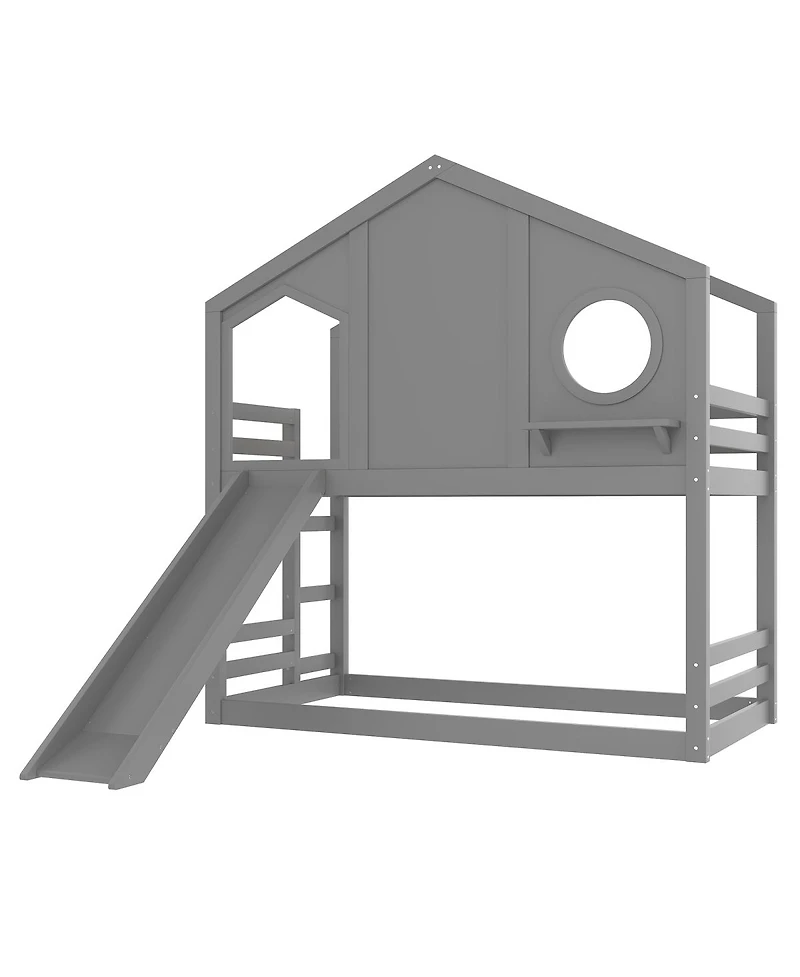 Streamdale Furniture Twin House Bunk Bed with Slide & Storage Shelves, Solid Wood Loft Bed