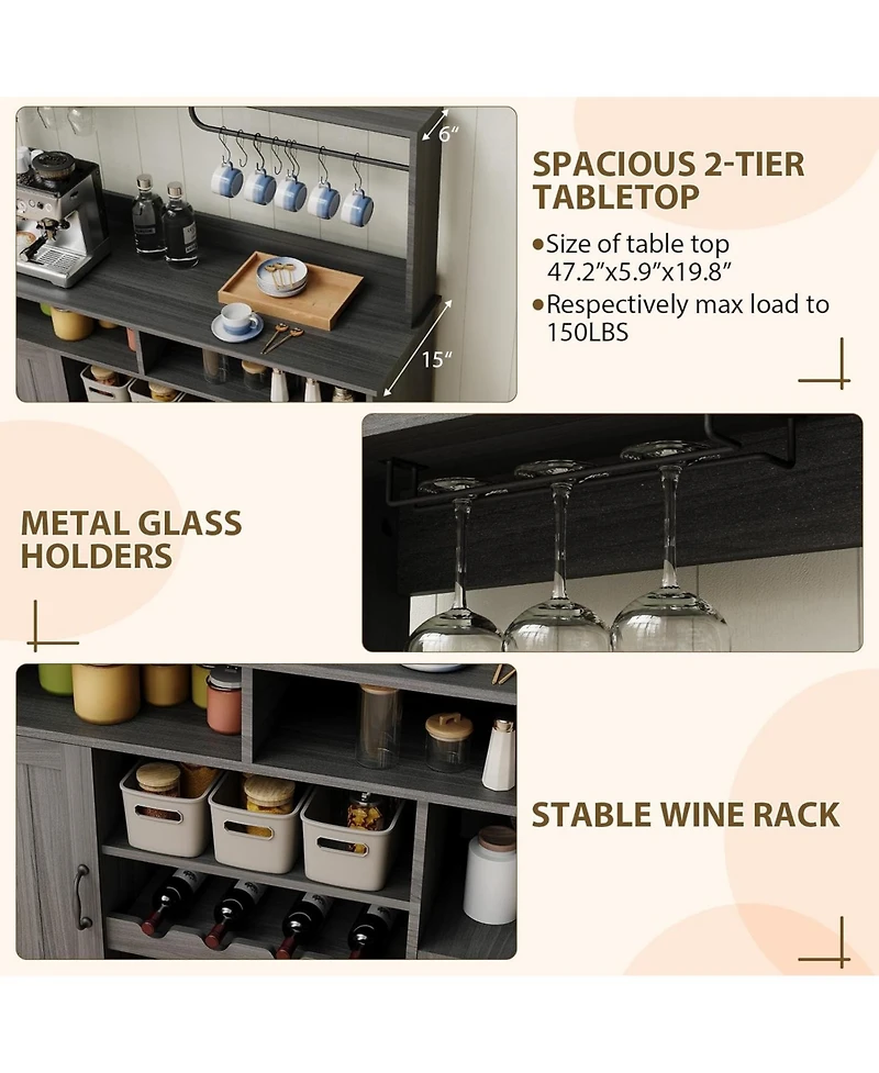 gaomon 47" Farmhouse Coffee Bar Cabinet with Charging Station & Wine Racks Rustic Wood Kitchen Buffet Cabinet Wine Bar Table for Dining & Living