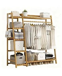 Yigii Bamboo Garment Rack with Hanging Rod and Hooks for Organized Storage