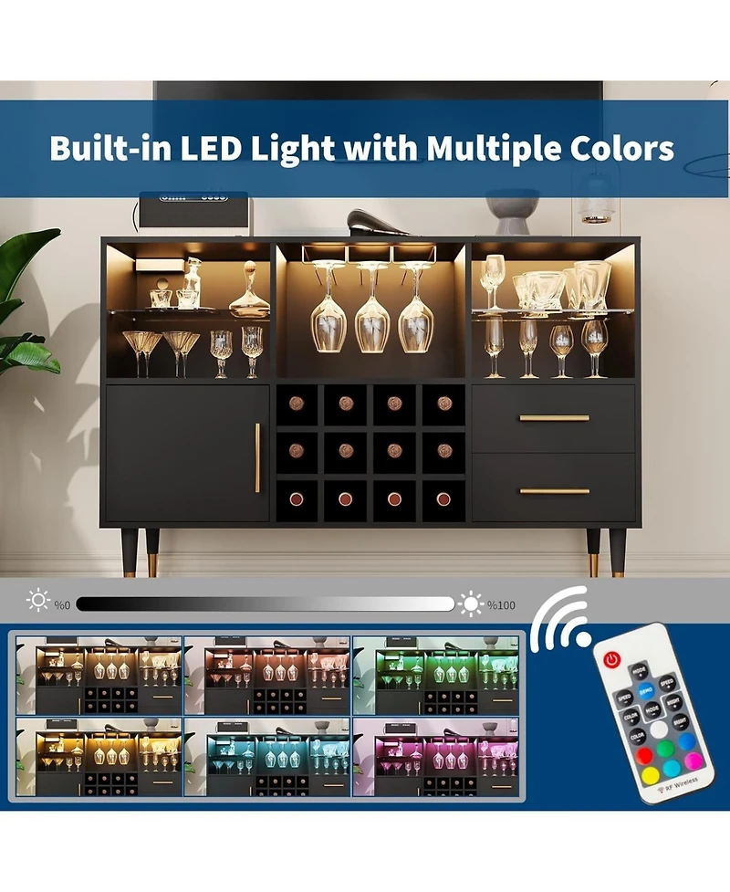 gaomon 47" Wood Led Light & Charging Station Wine Bar Cabinet