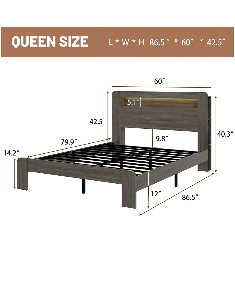 Streamdale Furniture Queen Wood Platform Bed Frame with Storage, Led Headboard & Usb