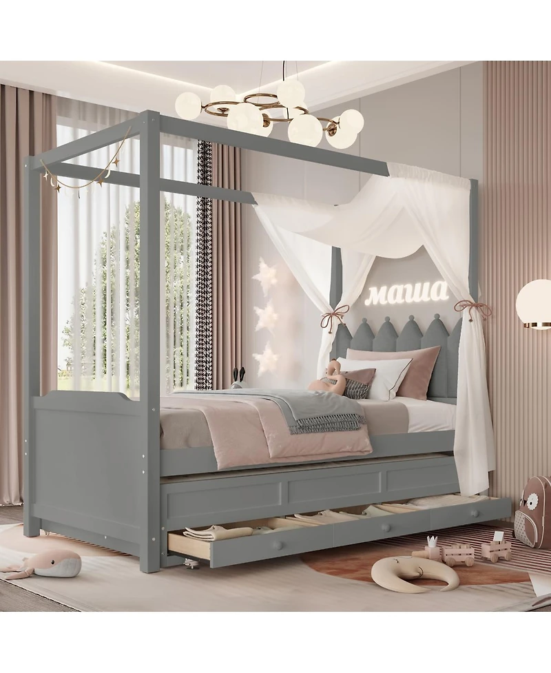 Streamdale Furniture Twin Platform Bed with Upholstered Headboard, Trundle, 3 Drawers & Canopy