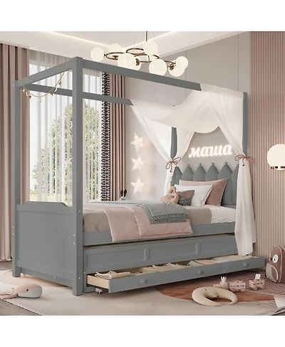 Streamdale Furniture Twin Platform Bed with Upholstered Headboard, Trundle, 3 Drawers & Canopy