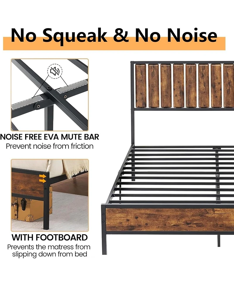 gaomon Bed Frame with Headboard Footboard Rustic Wood Bedframe Farmhouse Platform Bed Frame with Metal Slat Wrought Rod, Brown