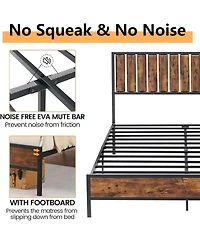 gaomon Bed Frame with Headboard Footboard Rustic Wood Bedframe Farmhouse Platform Bed Frame with Metal Slat Wrought Rod, Brown