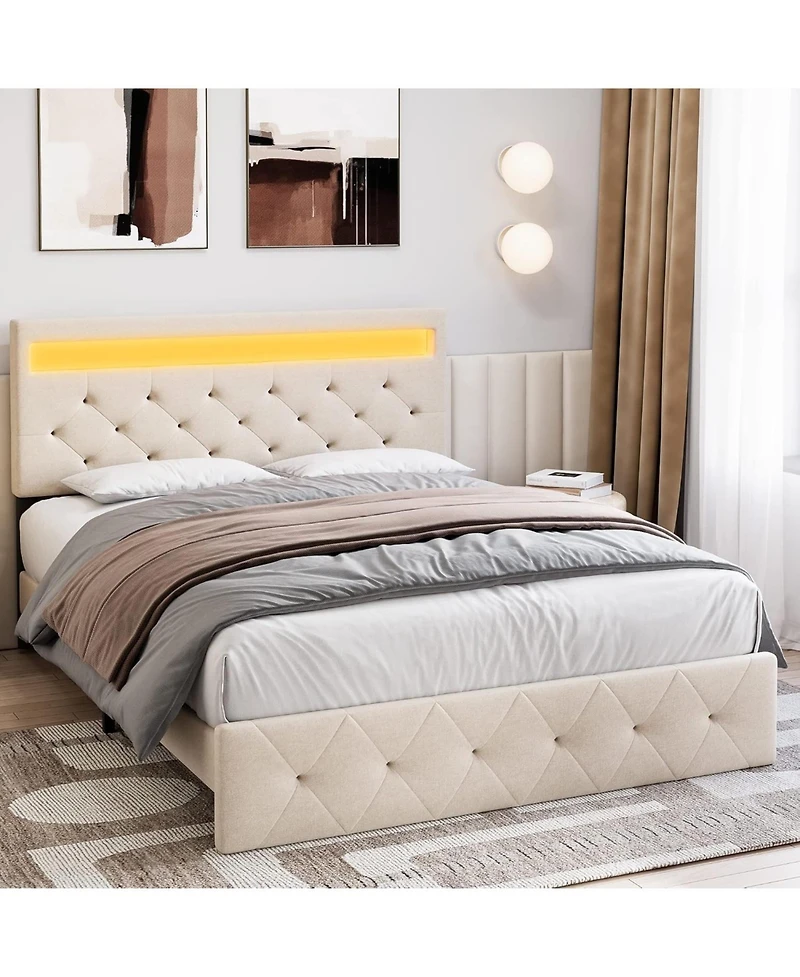 gaomon Bed Frame, Led Frame with Fast-Charging Usb Port, Upholstered Platform Adjustable Headboard, Strong Support Slats