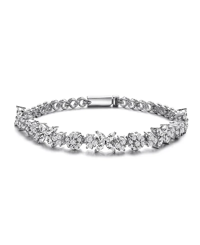 Sterling Silver with White Gold Plated Clear Round and Marquise Cubic Zirconia Cluster Flower-Inspired Tennis Bracelet