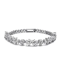 Sterling Silver with White Gold Plated Clear Round and Marquise Cubic Zirconia Cluster Flower-Inspired Tennis Bracelet