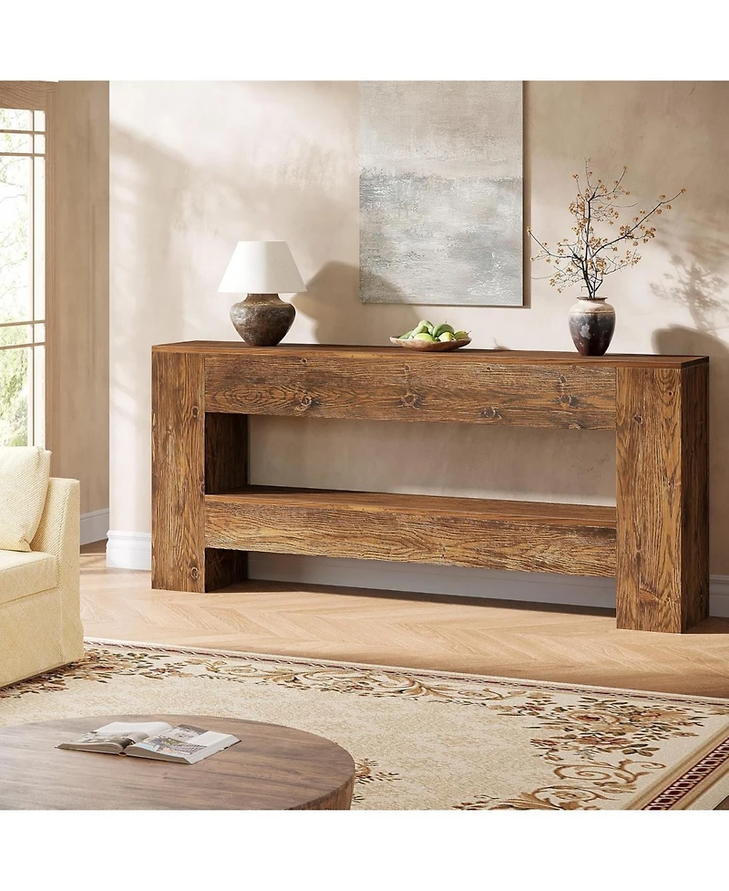 Tribesigns 63-Inch Solid Wood Console Table, Farmhouse Entryway Table with 2-Tier Storage Shelf, Rustic Wood Narrow Long Sofa Table Behind Couch