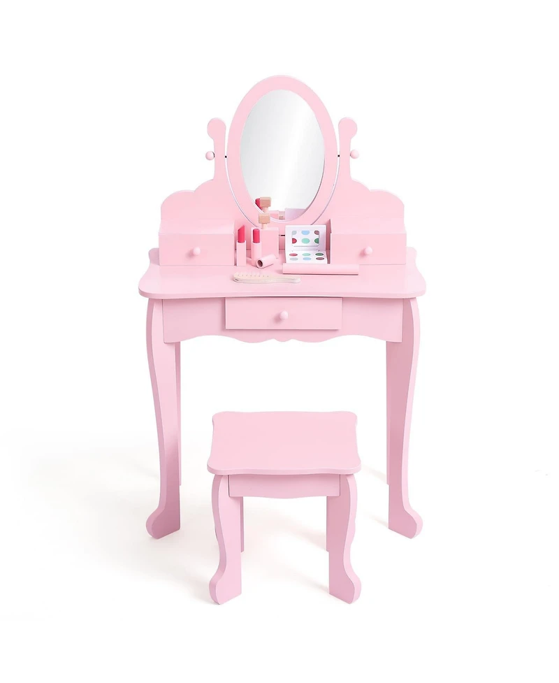 gaomon Kids Vanity Set with Adjustable Mirror & Stool,Wooden Toddler Drawers,Pretend Makeup Dressing Table for Little Girls
