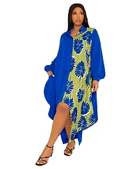 Buxom Couture Women's Plus Contrast Print Drapy Shirt Maxi Dress