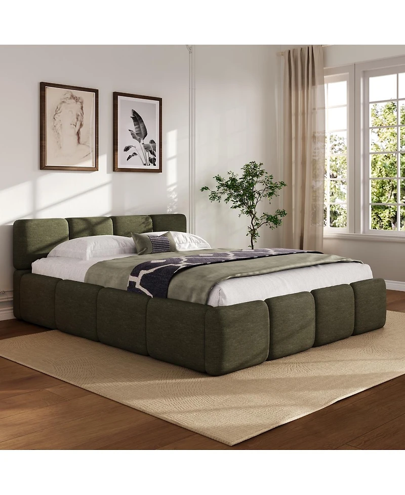 Streamdale Furniture Boucle Platform Bed with Thick Headboard and Footboard