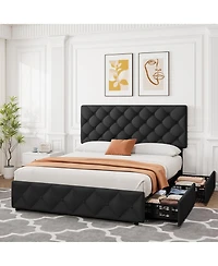 Gaomon Queen Bed Frame with 4 Storage Drawers, Linen Upholstered Platform Adjustable Headboard