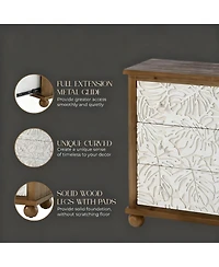 Yigii Rustic 3-Drawer Nightstand with Leaf Carvings