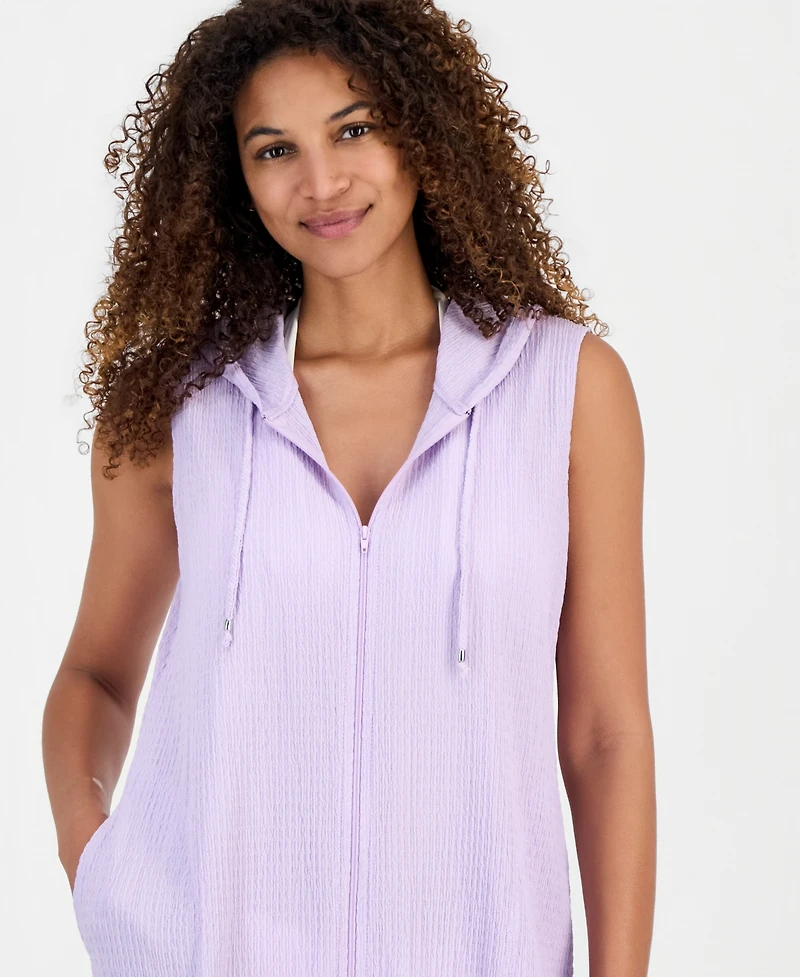 J Valdi Women's Sleeveless Zip-Up Swim Cover Up Hoodie