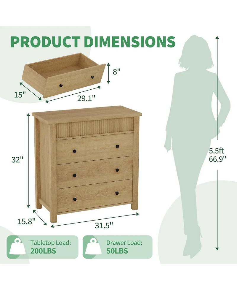 gaomon 3 Drawer Bedroom Dresser, Wooden Fluted Nightstand End Table & Storage Organizer for Living Room, Hallway, Entryway