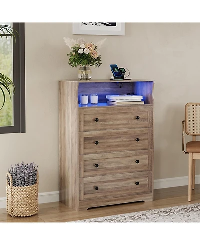 Gaomon Tall Dresser for Bedroom with Led Lights & Charging Station, 4 Drawer Wood Chest of Drawers for Closet, Living Room, Hallway