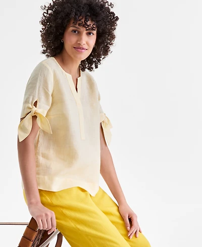 Charter Club Women's 100% Linen Split-Neck Tie-Cuff Top, Created for Macy's