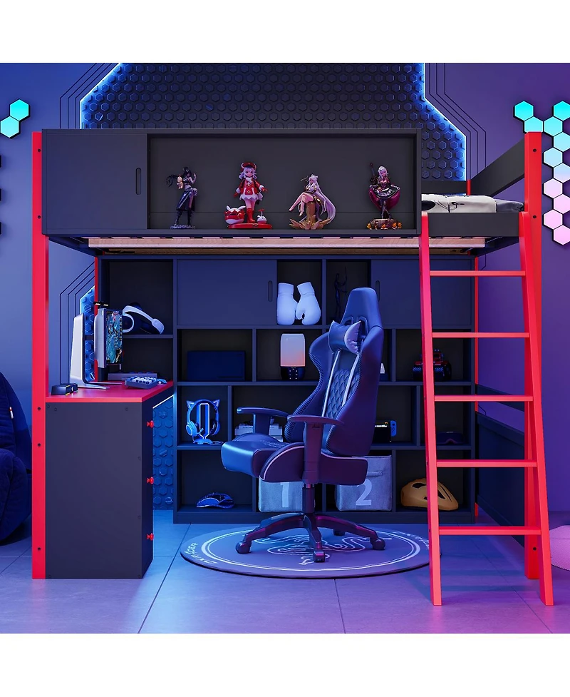 Streamdale Furniture Full Size Wood Loft Bed with Desk, Ample Storage Space and Light