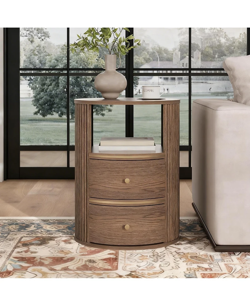 Yigii Mid-Century Walnut Fluted End Table with 2 Drawers & Open Shelf