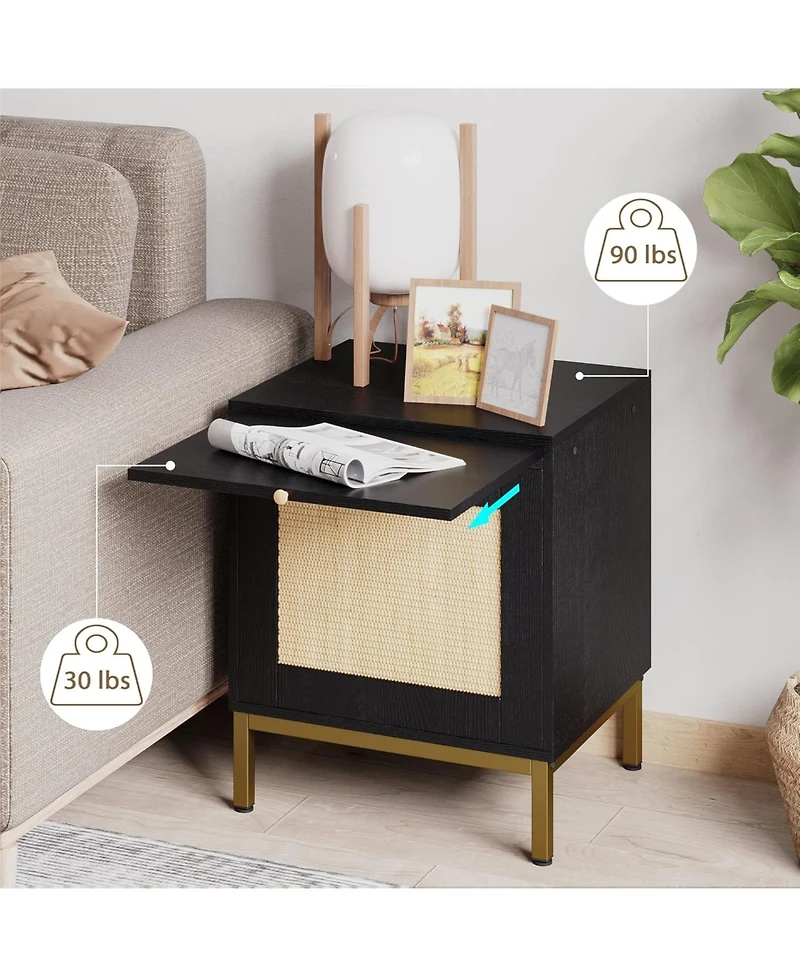 gaomon Rattan Night Stand, Modern Farmhouse Pattern Side Table, End Table with Tray, Sofa Table with Storage Shelf for Bedroom, Living Room