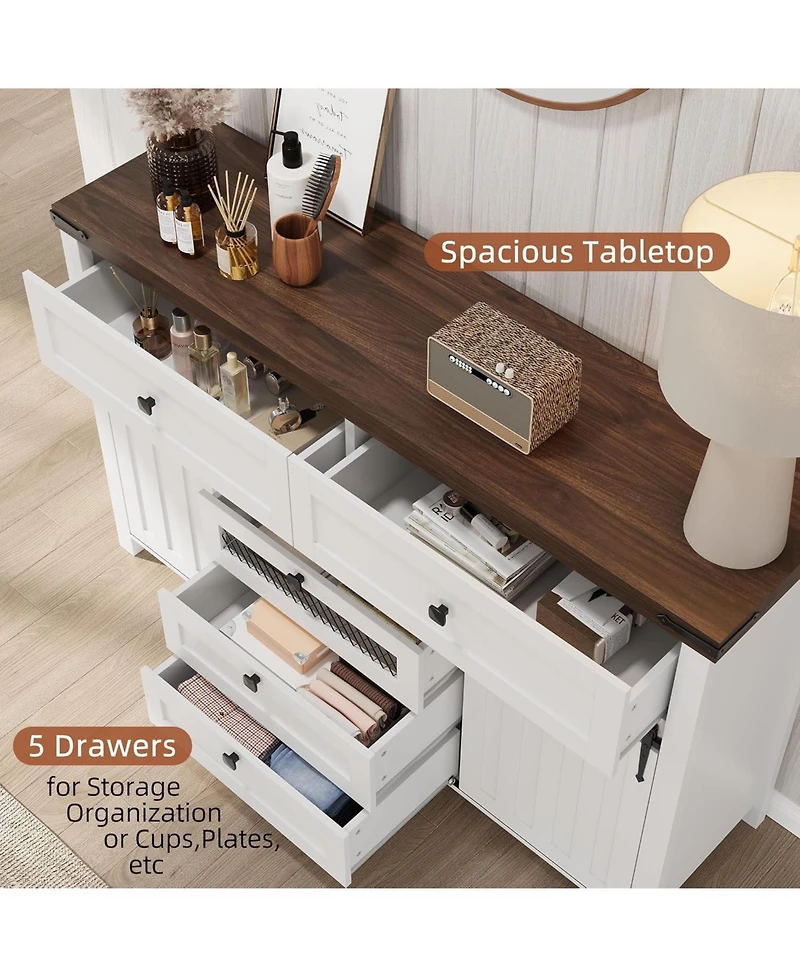 Gaomon Farmhouse 5 Drawers Dresser for Bedroom with Sliding Barn Doors, Wood Dresser & Chest of Drawers, Rustic Dresser Tv Stand, Dresser Organizer