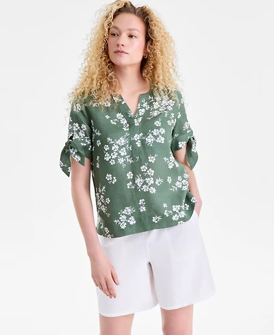 Charter Club Women's 100% Linen Split-Neck Tie-Cuff Top, Created for Macy's