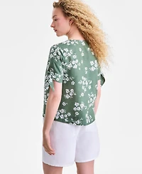 Charter Club Women's 100% Linen Split-Neck Tie-Cuff Top, Created for Macy's