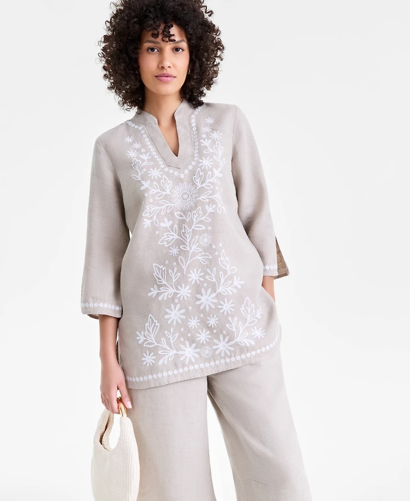 Charter Club Women's 100% Linen Embroidered 3/4-Sleeve Tunic, Macy's Exclusive