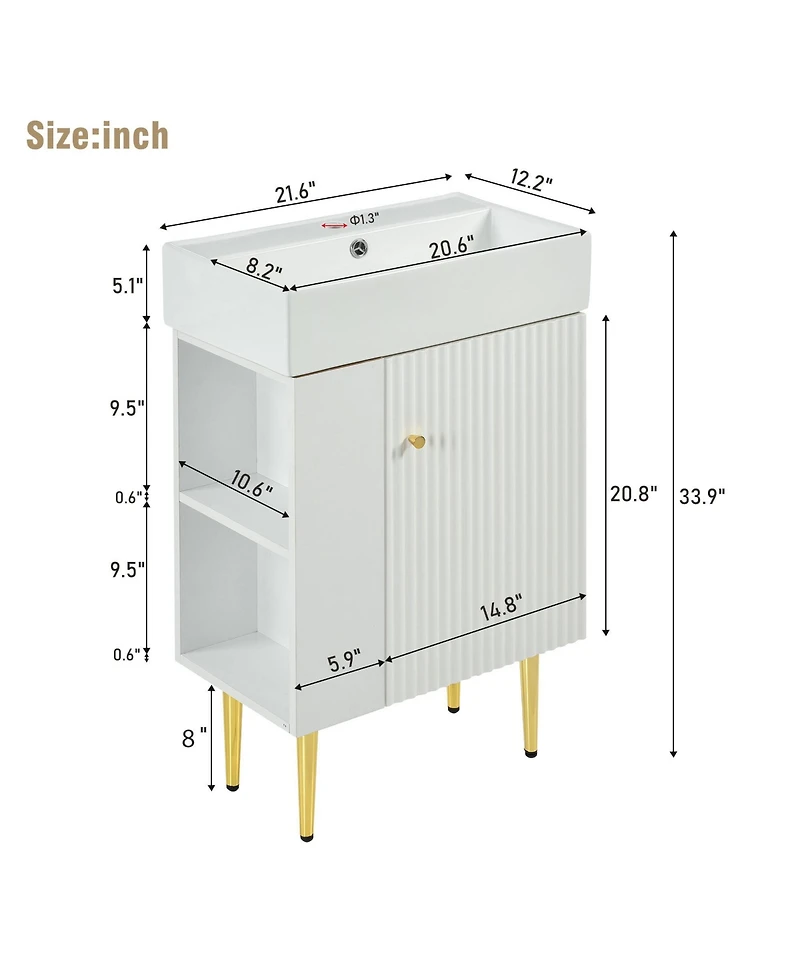 Rainsken 21.6" Small Bathroom Cabinet with Sink, Freestanding Bathroom Vanity with Left Storage Cabinet & Two-Tier Shelf