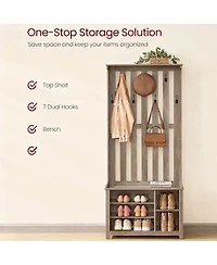 Yigii 7 Double Hooks Hall Tree with Shoe Bench and Storage