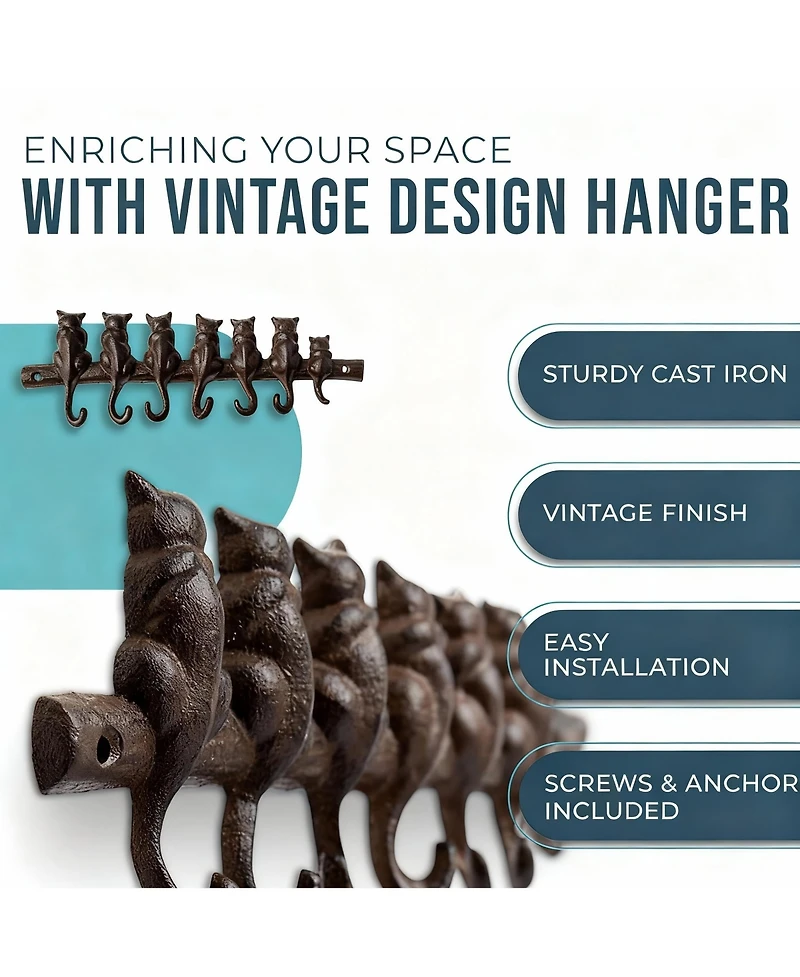 Yigii Cast Iron Wall Hook Rack with 7 Hooks - Rustic Decor for Coats, Hats, Keys