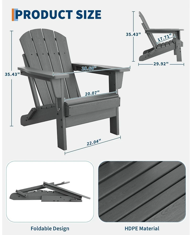 gaomon Set of 4 Folding Adirondack Chairs, Hdpe Plastic Outdoor Seating with Wood Grain Texture, 380 Lbs Capacity, Weather Resistant for Patio, Deck