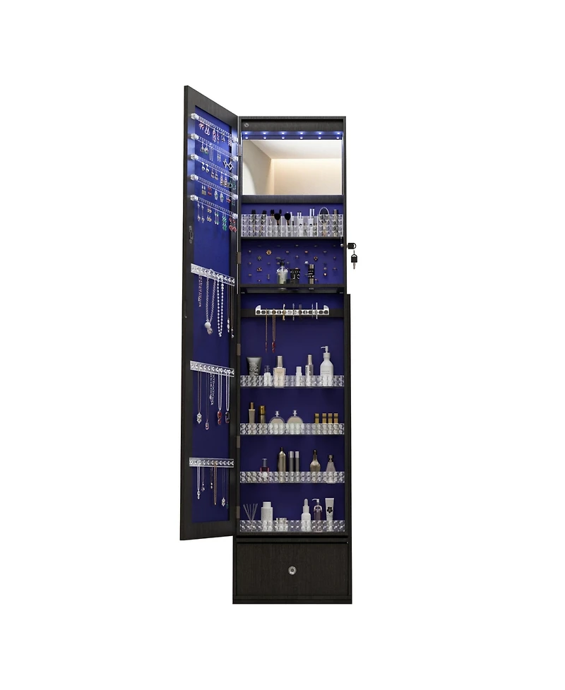 Rainsken 360° Swivel Jewelry Cabinet, Standing Jewelry Armoire Organizer, Lockable Storage Cabinet, Interior Lighted Mirror and Storage Drawers