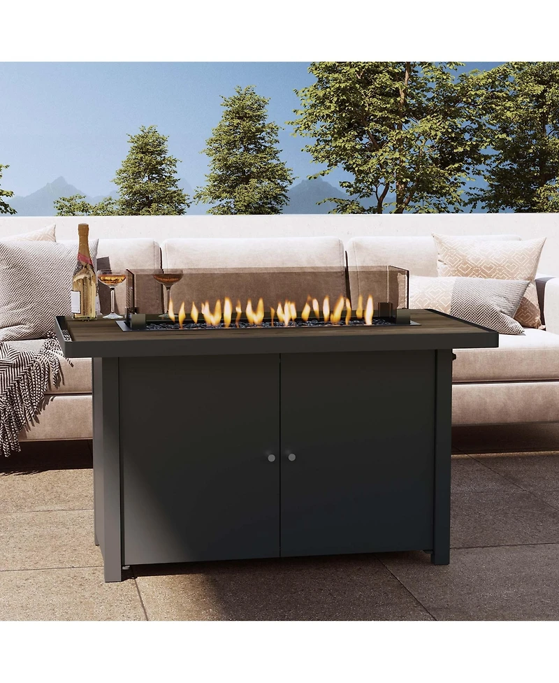 Boyel Living 43" Teak Fire Pit Table with Storage & Iron Cooking Top - Outdoor Dining & Heating Combo