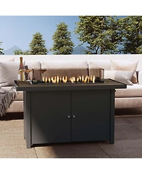 Boyel Living 43" Teak Fire Pit Table with Storage & Iron Cooking Top - Outdoor Dining & Heating Combo