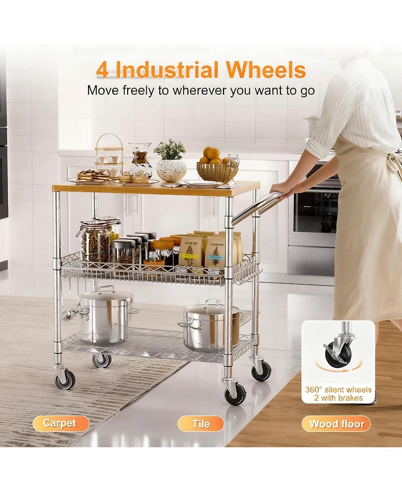 Yigii Kitchen Cart with Wood Top, 8 Hooks, Adjustable Shelves, & 4 Lockable Wheels