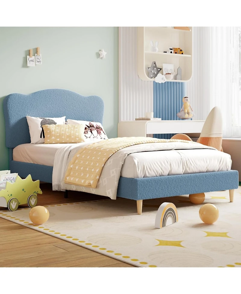 Gaomon Upholstered Twin Size Bed Frame for Kids with Scallop Headboard, Cute Velvet Twin Bed for Girls, Boys, Sturdy Platform Bed