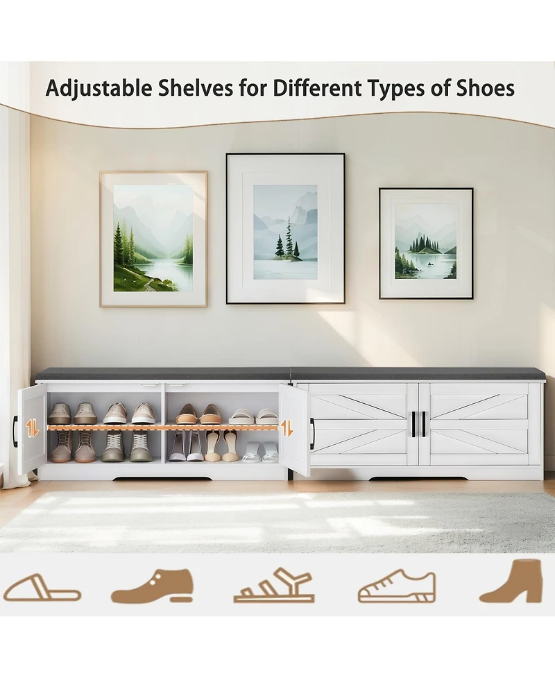 Rainsken 2-Tier Storage Bench, Modern Entryway Bench with Soft Cushions, 2 Barn Doors and 2 Adjustable Shelves for Foyer, Living Room and Hallway