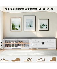 Rainsken 2-Tier Storage Bench, Modern Entryway Bench with Soft Cushions, 2 Barn Doors and 2 Adjustable Shelves for Foyer, Living Room and Hallway