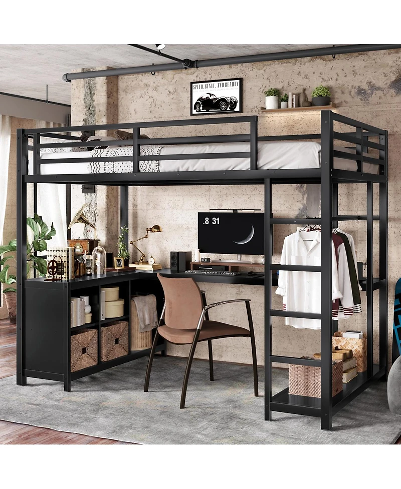 Streamdale Furniture Metal Loft Bed with Wardrobe, L-shaped Desk & Storage, Twin Xl