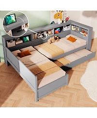 Streamdale Furniture 126 inches Wood Twin L-shaped Platform Bed with Trundle & Drawer
