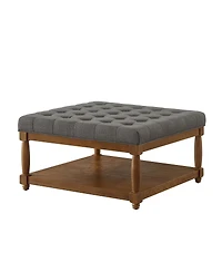Streamdale Furniture Large Square Tufted Linen Ottoman Coffee Table with Solid Wood Shelf