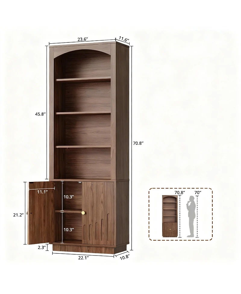 Yigii Mid-Century Walnut 6-Tier Bookshelf, Home Office & Living Room